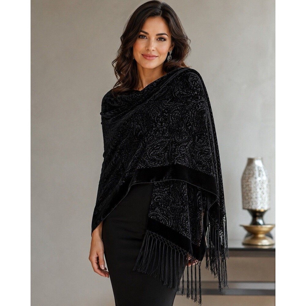 Valerie Stevens Y2K Black Silk Rayon Velvet Burnout Paisley Shawl Scarf Fringe